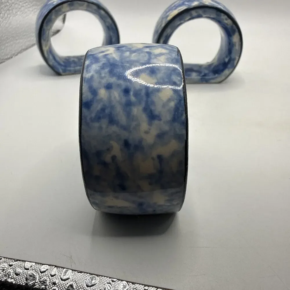 Vintage Knobler Blue Spongeware Ceramic Napkin Rings Set Of 3